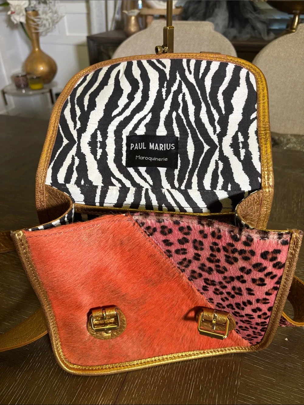Paul Marius LaSacoche Leathe Gold-Trim Pink Patchwork Animal Print Crossbody Bag